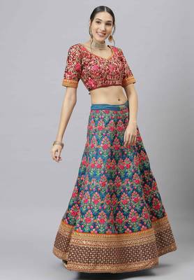 Shubhkala Navy Blue Thread Dori Zari And Sequins Embroidered With Stonework Mulberry Silk Semi Stitched Party Lehenga 4