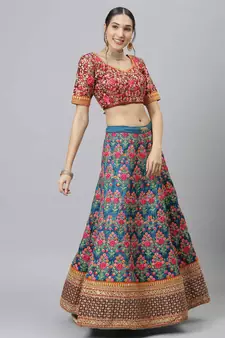 Shubhkala Navy Blue Thread Dori Zari And Sequins Embroidered With Stonework Mulberry Silk Semi Stitched Party Lehenga