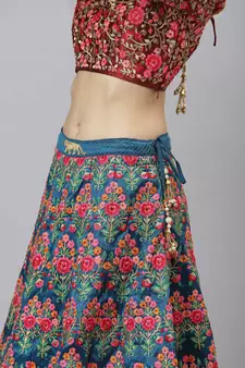 Shubhkala Navy Blue Thread Dori Zari And Sequins Embroidered With Stonework Mulberry Silk Semi Stitched Party Lehenga
