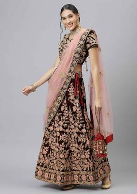 Shubhkala Exquisite Maroon Thread Dori & Sequins Embroidered Velvet Semi Stitched Bridal Lehenga 1