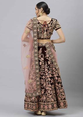 Shubhkala Exquisite Maroon Thread Dori & Sequins Embroidered Velvet Semi Stitched Bridal Lehenga 2