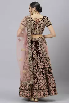 Shubhkala Exquisite Maroon Thread Dori & Sequins Embroidered Velvet Semi Stitched Bridal Lehenga