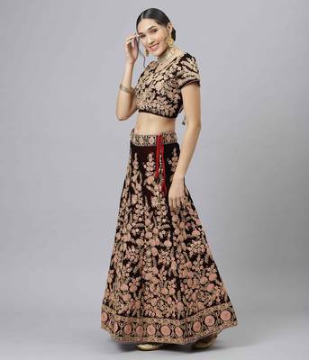 Shubhkala Exquisite Maroon Thread Dori & Sequins Embroidered Velvet Semi Stitched Bridal Lehenga 3