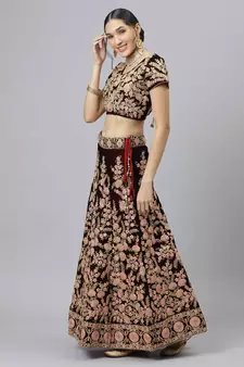 Shubhkala Exquisite Maroon Thread Dori & Sequins Embroidered Velvet Semi Stitched Bridal Lehenga