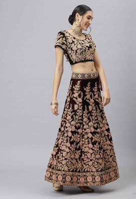 Shubhkala Exquisite Maroon Thread Dori & Sequins Embroidered Velvet Semi Stitched Bridal Lehenga 4