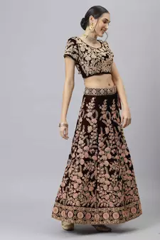 Shubhkala Exquisite Maroon Thread Dori & Sequins Embroidered Velvet Semi Stitched Bridal Lehenga