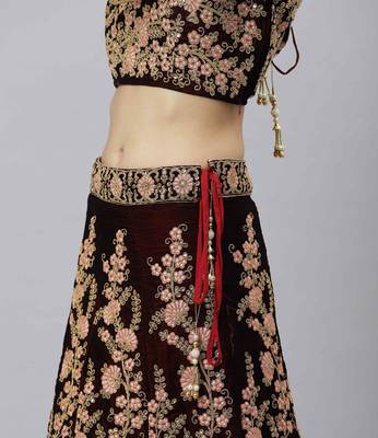 Shubhkala Exquisite Maroon Thread Dori & Sequins Embroidered Velvet Semi Stitched Bridal Lehenga 5