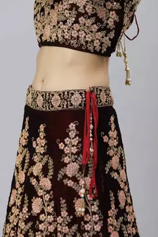 Shubhkala Exquisite Maroon Thread Dori & Sequins Embroidered Velvet Semi Stitched Bridal Lehenga