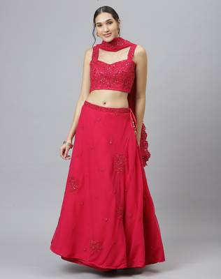 Shubhkala Eye Catching Romantic Rani Pink Zari Sequins And Dori Embroidered Georgette Semi Stitched Party Wear Lehenga 1