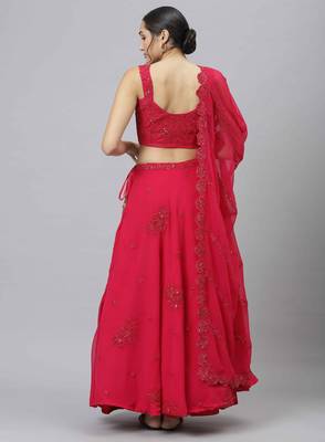 Shubhkala Eye Catching Romantic Rani Pink Zari Sequins And Dori Embroidered Georgette Semi Stitched Party Wear Lehenga 2