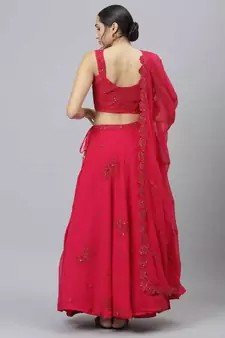 Shubhkala Eye Catching Romantic Rani Pink Zari Sequins And Dori Embroidered Georgette Semi Stitched Party Wear Lehenga