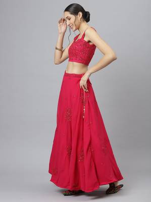 Shubhkala Eye Catching Romantic Rani Pink Zari Sequins And Dori Embroidered Georgette Semi Stitched Party Wear Lehenga 3