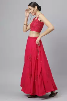 Shubhkala Eye Catching Romantic Rani Pink Zari Sequins And Dori Embroidered Georgette Semi Stitched Party Wear Lehenga