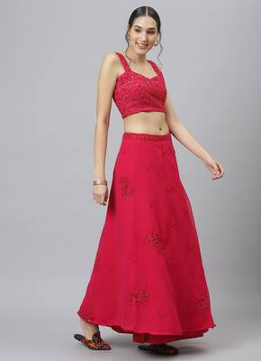 Shubhkala Eye Catching Romantic Rani Pink Zari Sequins And Dori Embroidered Georgette Semi Stitched Party Wear Lehenga 4