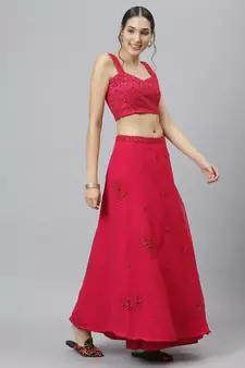 Shubhkala Eye Catching Romantic Rani Pink Zari Sequins And Dori Embroidered Georgette Semi Stitched Party Wear Lehenga