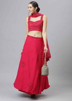 Shubhkala Eye Catching Romantic Rani Pink Zari Sequins And Dori Embroidered Georgette Semi Stitched Party Wear Lehenga 5