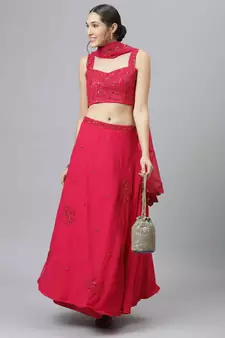 Shubhkala Eye Catching Romantic Rani Pink Zari Sequins And Dori Embroidered Georgette Semi Stitched Party Wear Lehenga