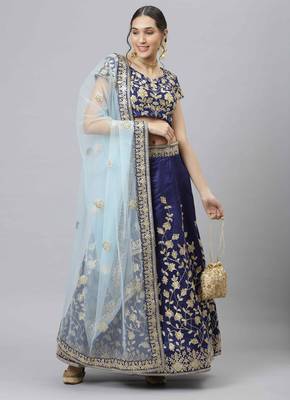 Shubhkala Navy Blue Dori Badla And Sequins Embroidered Raw Silk Semi Stitched Bridal Lehenga 1