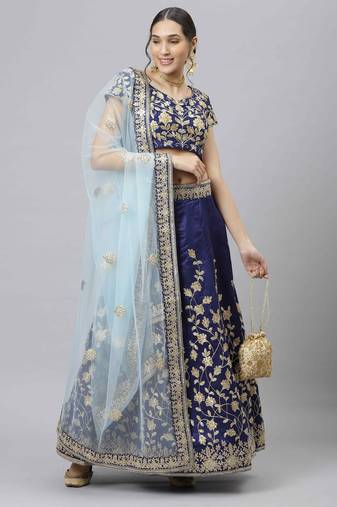 Shubhkala Navy Blue Dori Badla And Sequins Embroidered Raw Silk Semi Stitched Bridal Lehenga