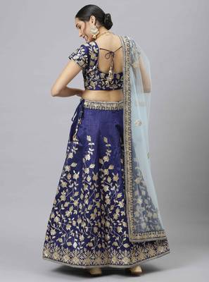 Shubhkala Navy Blue Dori Badla And Sequins Embroidered Raw Silk Semi Stitched Bridal Lehenga 2