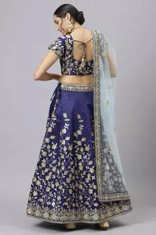 Shubhkala Navy Blue Dori Badla And Sequins Embroidered Raw Silk Semi Stitched Bridal Lehenga
