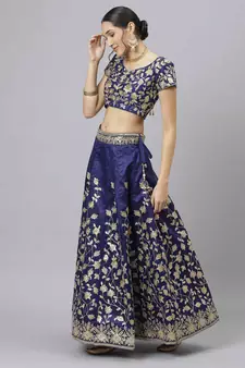 Shubhkala Navy Blue Dori Badla And Sequins Embroidered Raw Silk Semi Stitched Bridal Lehenga