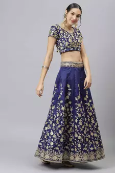 Shubhkala Navy Blue Dori Badla And Sequins Embroidered Raw Silk Semi Stitched Bridal Lehenga