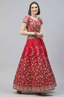 Shubhkala Pink Dori Badla And Sequins Embroidered Raw Silk Semi Stitched Lehenga With Dupatta