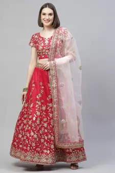 Shubhkala Pink Dori Badla And Sequins Embroidered Raw Silk Semi Stitched Lehenga With Dupatta