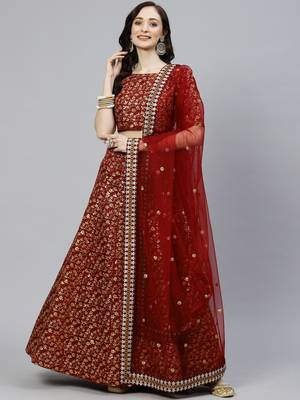Shubhkala Maroon Zari And Heavy Sequins Embroidered Art Silk Semi Stitched Lehenga Choli With Dupatta 1