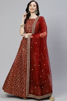 Shubhkala Maroon Zari And Heavy Sequins Embroidered Art Silk Semi Stitched Lehenga Choli With Dupatta
