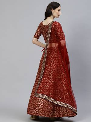 Shubhkala Maroon Zari And Heavy Sequins Embroidered Art Silk Semi Stitched Lehenga Choli With Dupatta 2