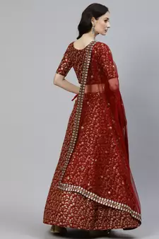 Shubhkala Maroon Zari And Heavy Sequins Embroidered Art Silk Semi Stitched Lehenga Choli With Dupatta