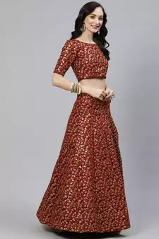 Shubhkala Maroon Zari And Heavy Sequins Embroidered Art Silk Semi Stitched Lehenga Choli With Dupatta