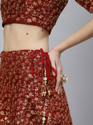 Shubhkala Maroon Zari And Heavy Sequins Embroidered Art Silk Semi Stitched Lehenga Choli With Dupatta 4