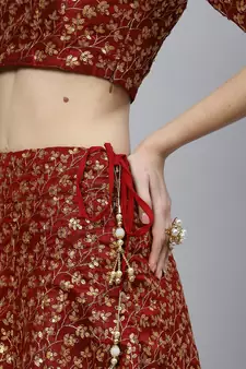 Shubhkala Maroon Zari And Heavy Sequins Embroidered Art Silk Semi Stitched Lehenga Choli With Dupatta