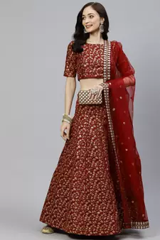 Shubhkala Maroon Zari And Heavy Sequins Embroidered Art Silk Semi Stitched Lehenga Choli With Dupatta