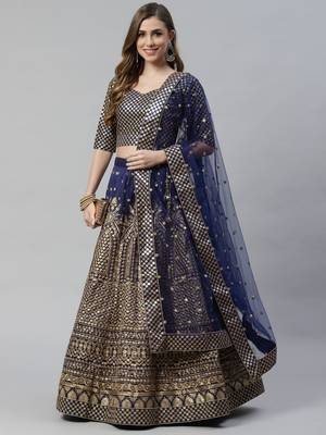 Shubhkala Engaging Navy Blue Zari &Glitter Sequins Embroidered Art Silk Semi Stitched Party Wear Lehenga 1