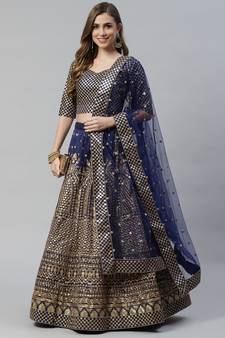 Shubhkala Engaging Navy Blue Zari &Glitter Sequins Embroidered Art Silk Semi Stitched Party Wear Lehenga