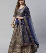 Shubhkala Engaging Navy Blue Zari &Glitter Sequins Embroidered Art Silk Semi Stitched Party Wear Lehenga