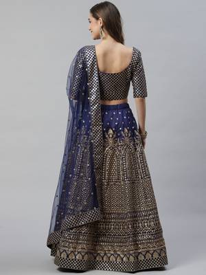 Shubhkala Engaging Navy Blue Zari &Glitter Sequins Embroidered Art Silk Semi Stitched Party Wear Lehenga 2