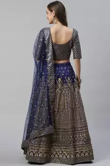 Shubhkala Engaging Navy Blue Zari &Glitter Sequins Embroidered Art Silk Semi Stitched Party Wear Lehenga
