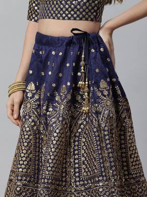 Shubhkala Engaging Navy Blue Zari &Glitter Sequins Embroidered Art Silk Semi Stitched Party Wear Lehenga 3