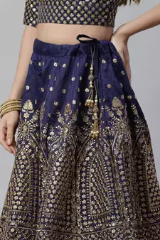 Shubhkala Engaging Navy Blue Zari &Glitter Sequins Embroidered Art Silk Semi Stitched Party Wear Lehenga