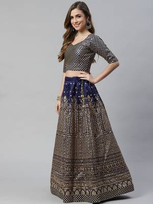 Shubhkala Engaging Navy Blue Zari &Glitter Sequins Embroidered Art Silk Semi Stitched Party Wear Lehenga 4