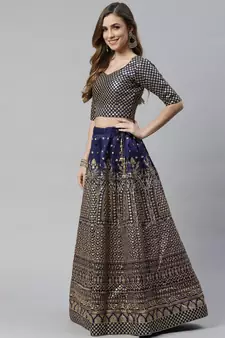 Shubhkala Engaging Navy Blue Zari &Glitter Sequins Embroidered Art Silk Semi Stitched Party Wear Lehenga
