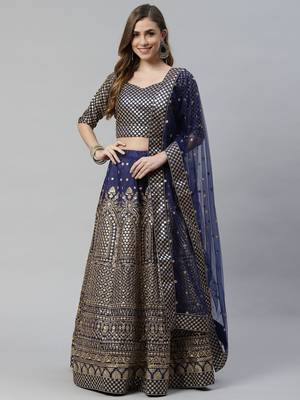 Shubhkala Engaging Navy Blue Zari &Glitter Sequins Embroidered Art Silk Semi Stitched Party Wear Lehenga 5