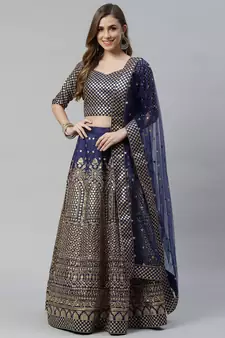 Shubhkala Engaging Navy Blue Zari &Glitter Sequins Embroidered Art Silk Semi Stitched Party Wear Lehenga