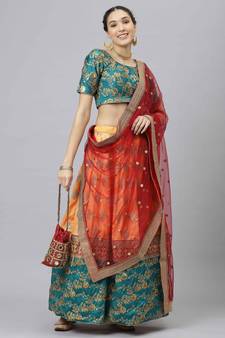 Shubhkala Eye Catching Yellow Embroidered Banarasi Silk Semi Stitched Lehenga With Dupatta