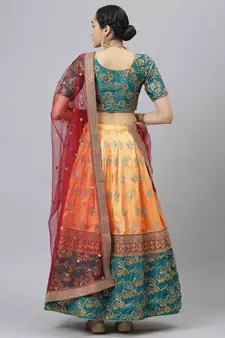 Shubhkala Eye Catching Yellow Embroidered Banarasi Silk Semi Stitched Lehenga With Dupatta
